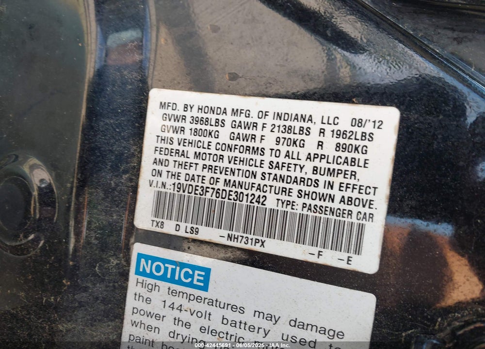 2013 ACURA ILX HYBRID VIN: 19VDE3F76DE301242