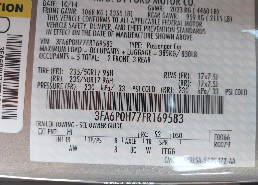2015 FORD FUSION VIN: 3FA6P0H77FR169583