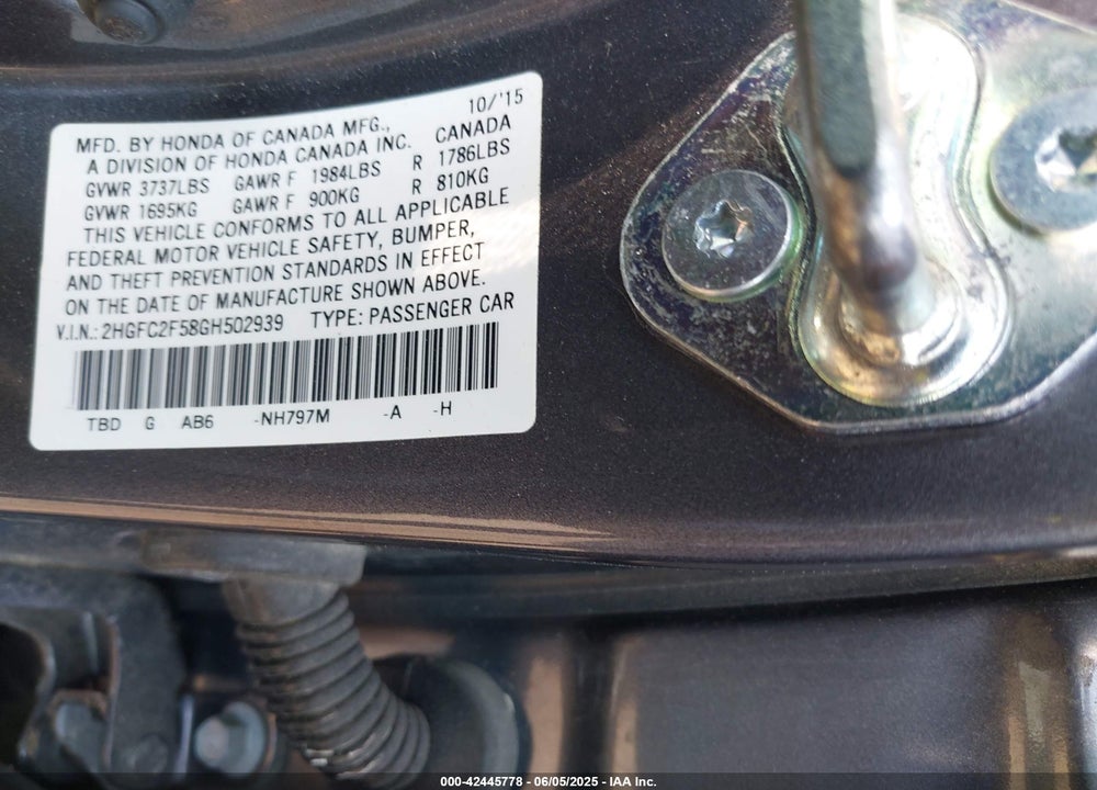 2016 HONDA CIVIC LX VIN: 2HGFC2F58GH502939