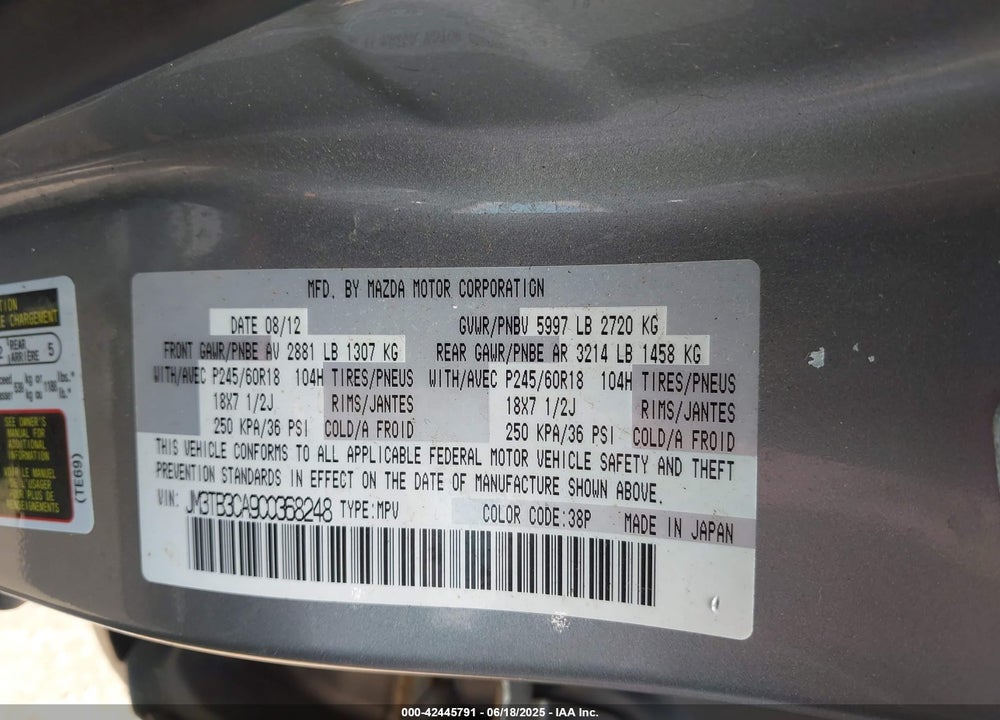 2012 MAZDA CX-9 TOURING VIN: JM3TB3CA9C0368248