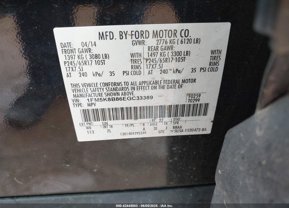 2014 FORD EXPLORER VIN: 1FM5K8B86EGC33389