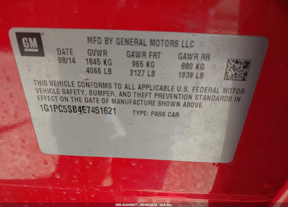 2014 CHEVROLET CRUZE VIN: 1G1PC5SB4E7451621