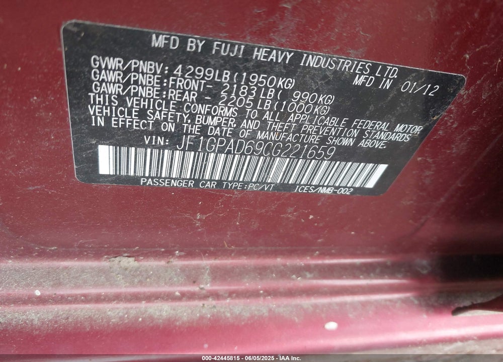 2012 SUBARU IMPREZA VIN: JF1GPAD69CG221659