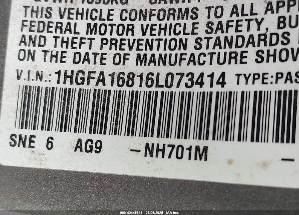 2006 HONDA CIVIC VIN: 1HGFA16816L073414