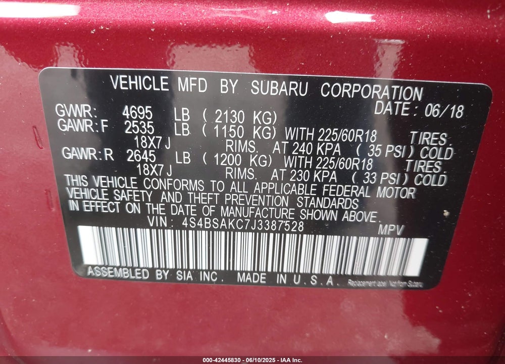 2018 SUBARU OUTBACK 2.5I LIMITED VIN: 4S4BSAKC7J3387528