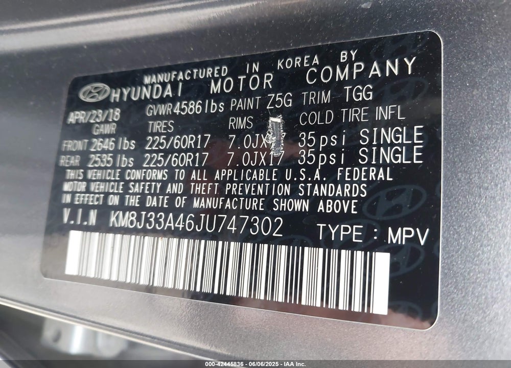 2018 HYUNDAI TUCSON VIN: KM8J33A46JU747302