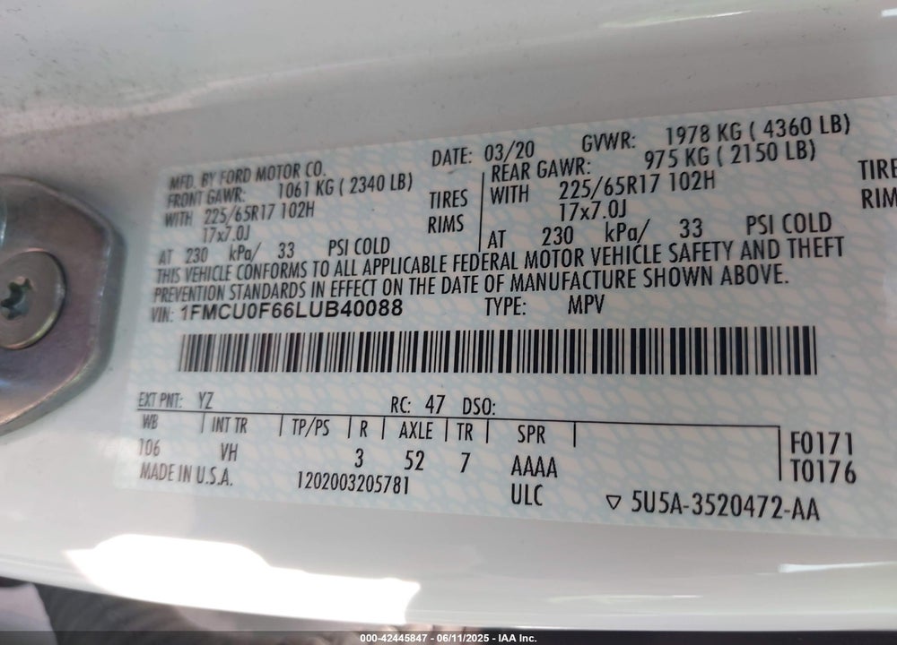 2020 FORD ESCAPE VIN: 1FMCU0F66LUB40088
