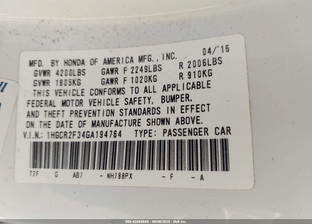 2016 HONDA ACCORD VIN: 1HGCR2F34GA194764