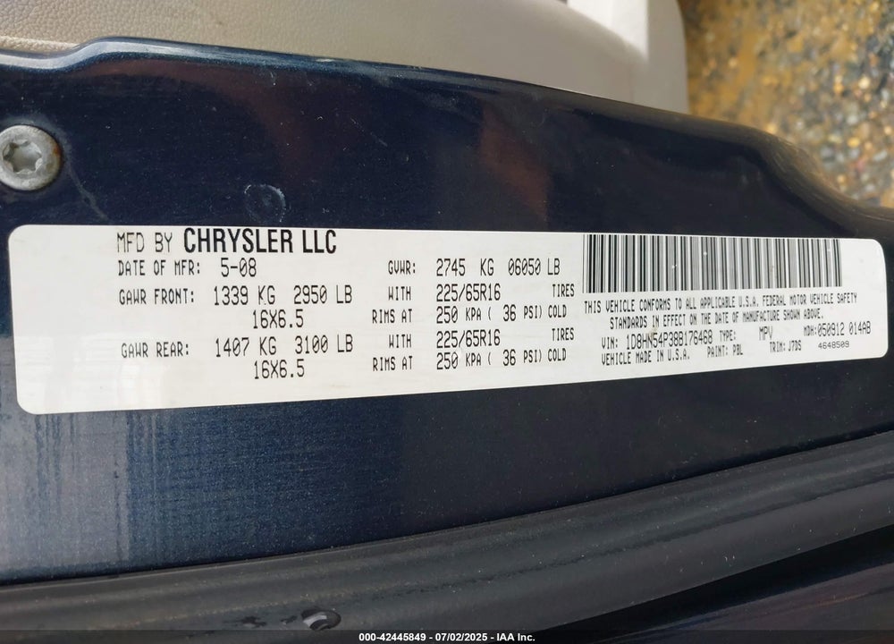 2008 DODGE GRAND CARAVAN SXT VIN: 1D8HN54P38B176468