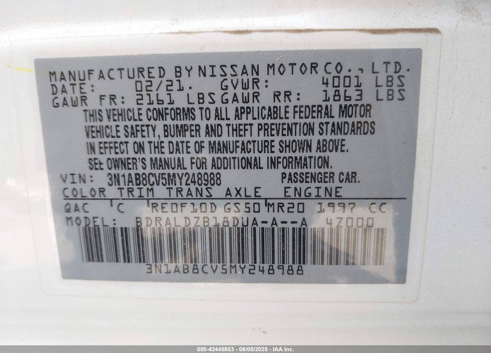 2021 NISSAN SENTRA SV XTRONIC CVT VIN: 3N1AB8CV5MY248988