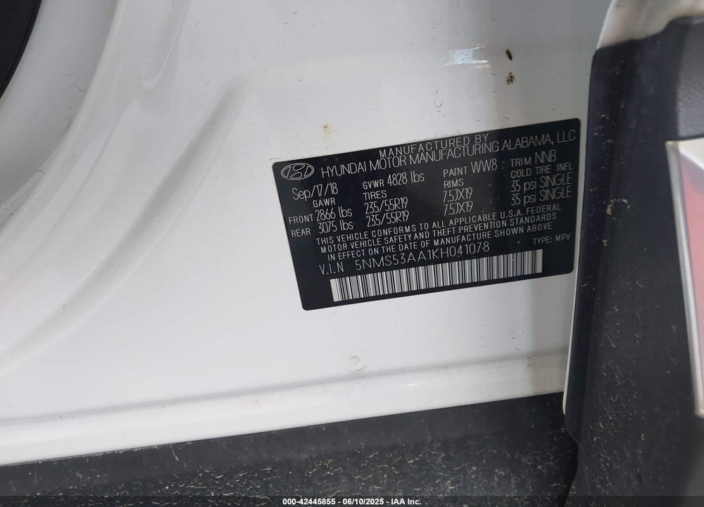 2019 HYUNDAI SANTA FE LIMITED 2.0T VIN: 5NMS53AA1KH041078