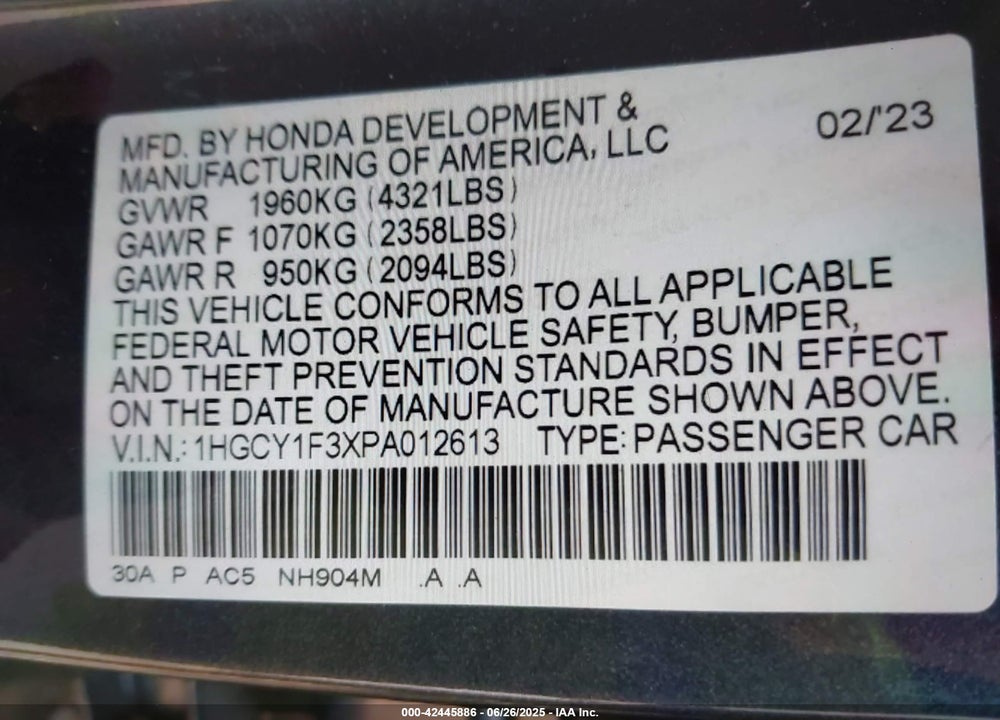 2023 HONDA ACCORD VIN: 1HGCY1F3XPA012613