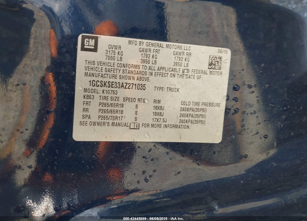 2010 CHEVROLET SILVERADO 1500 VIN: 1GCSKSE33AZ271035