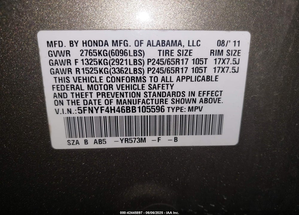 2011 HONDA PILOT EX VIN: 5FNYF4H46BB105596
