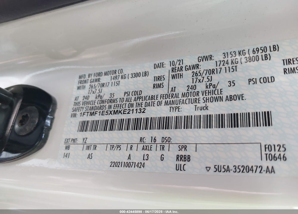 2021 FORD F-150 VIN: 1FTMF1E5XMKE21132