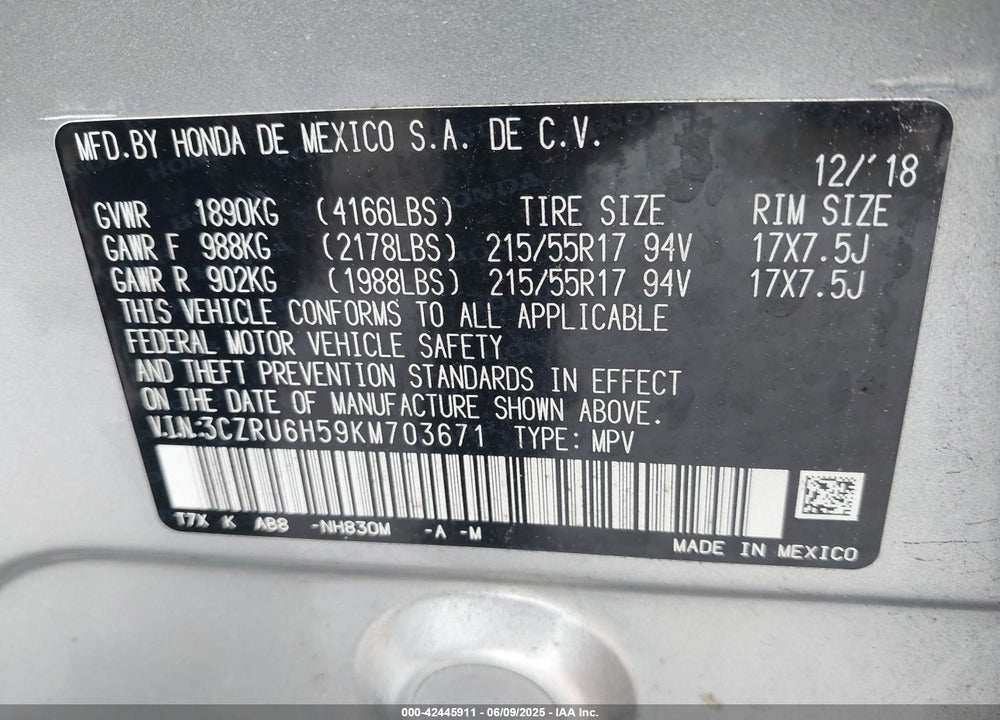 2019 HONDA HR-V VIN: 3CZRU6H59KM703671