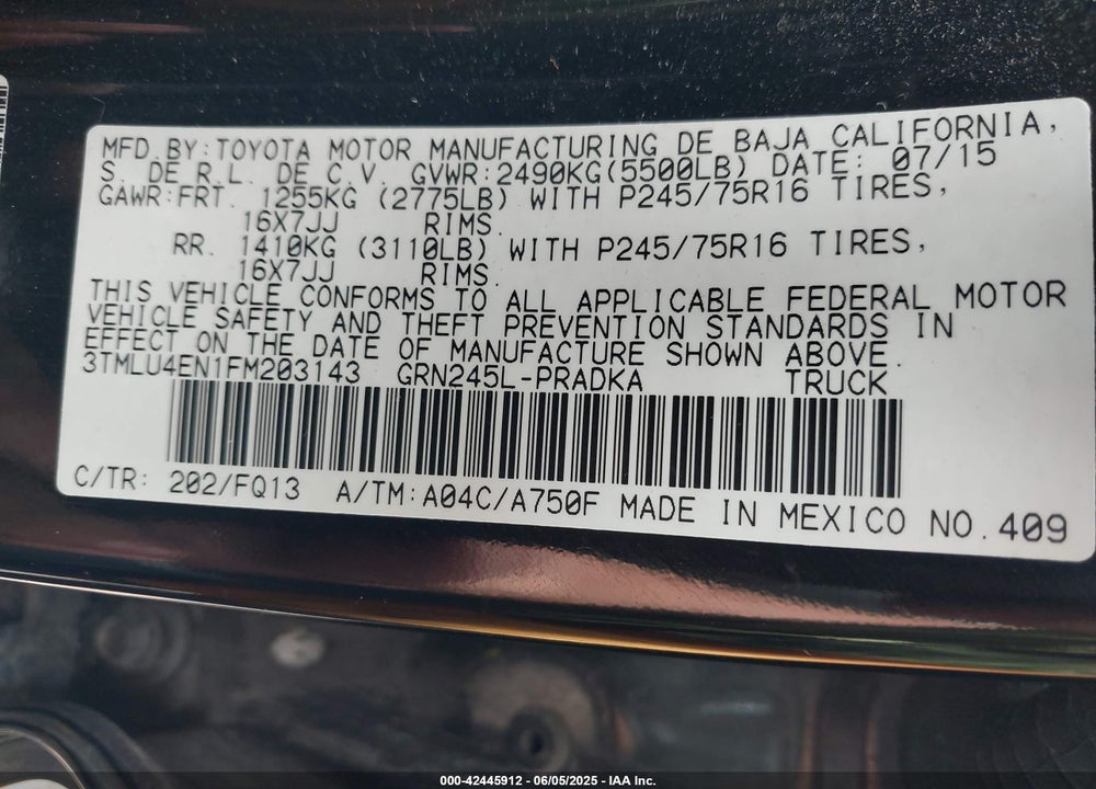 2015 TOYOTA TACOMA VIN: 3TMLU4EN1FM203143