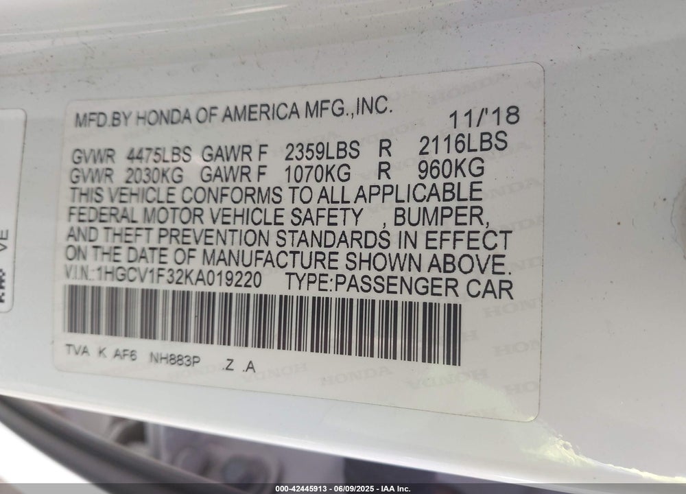 2019 HONDA ACCORD VIN: 1HGCV1F32KA019220