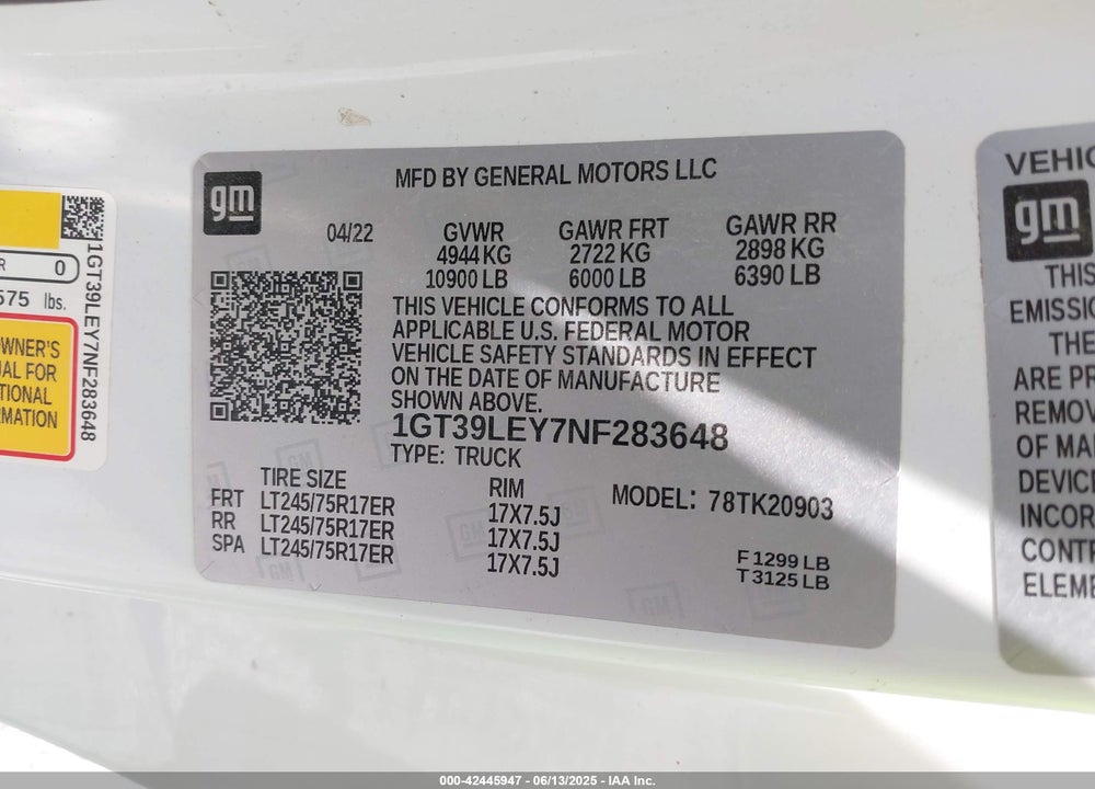 2022 GMC SIERRA 2500HD 4WD  LONG BED PRO VIN: 1GT39LEY7NF283648