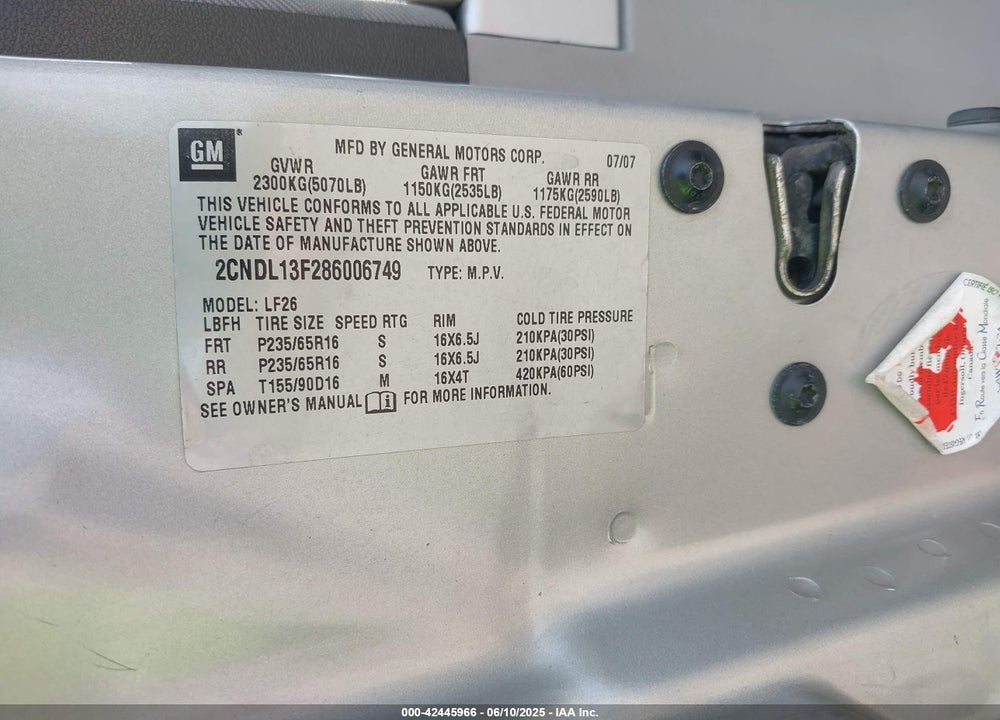 2008 CHEVROLET EQUINOX LS VIN: 2CNDL13F286006749