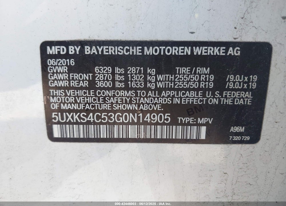 2016 BMW X5 VIN: 5UXKS4C53G0N14905