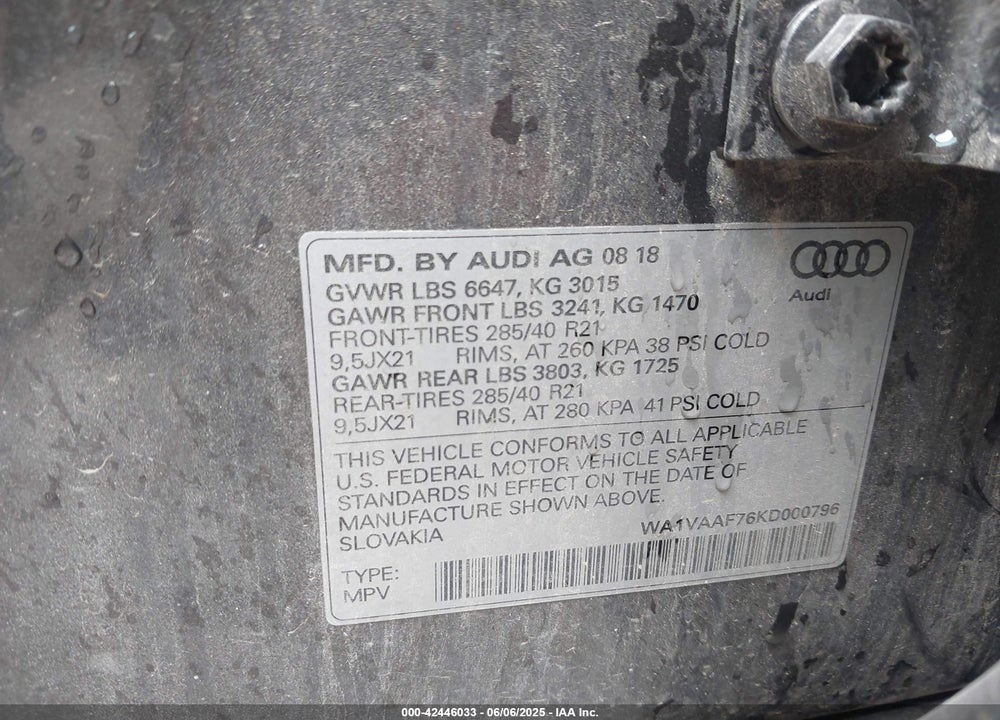 2019 AUDI Q7 55 PREMIUM VIN: WA1VAAF76KD000796