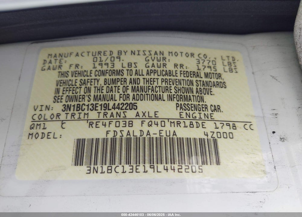 2009 NISSAN VERSA VIN: 3N1BC13E19L442205
