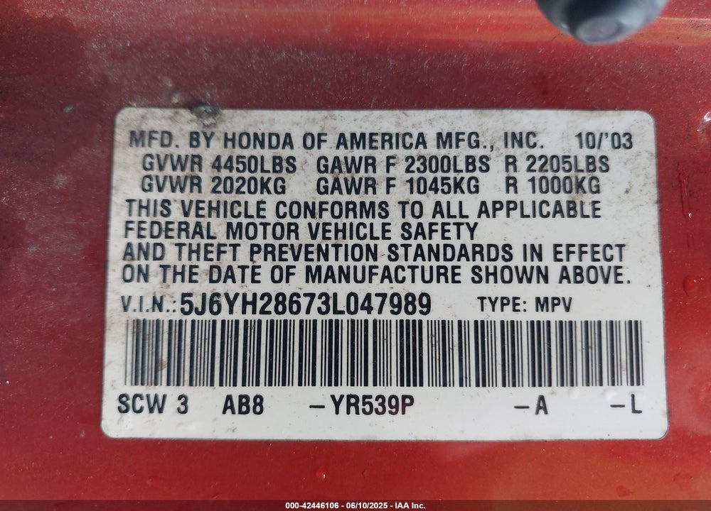 2003 HONDA ELEMENT EX VIN: 5J6YH28673L047989