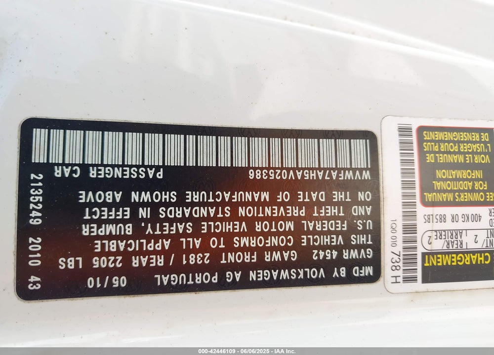 2010 VOLKSWAGEN EOS VIN: WVWFA7AH5AV025386
