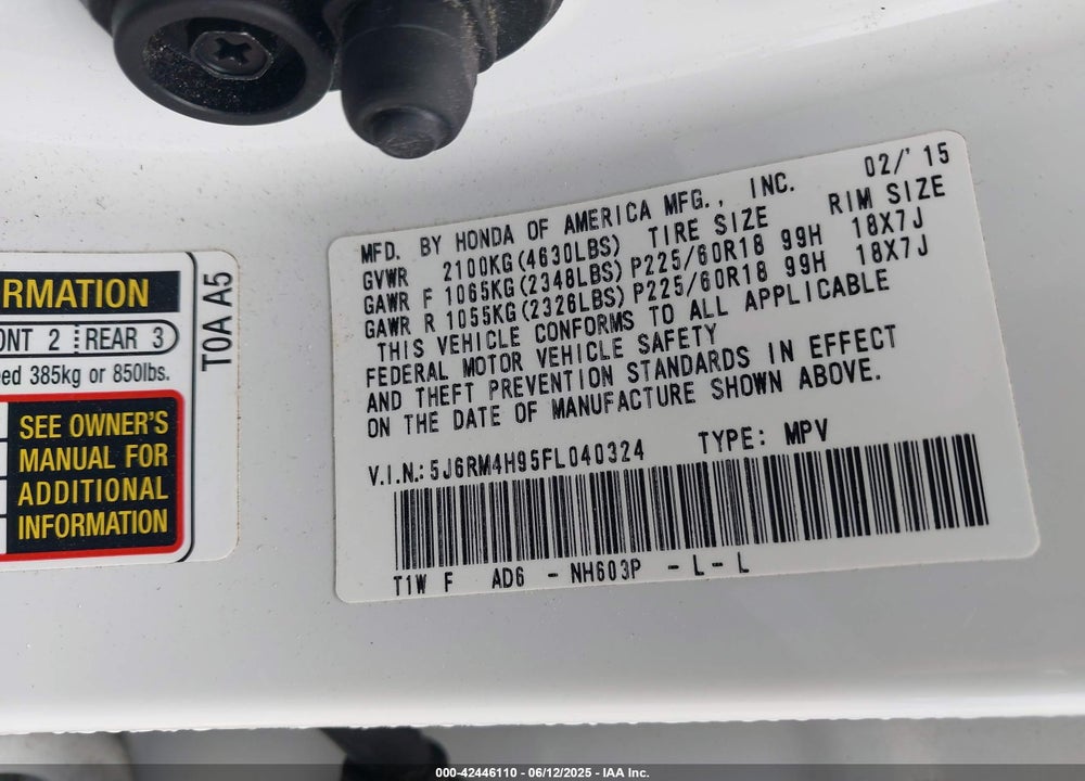 2015 HONDA CR-V TOURING VIN: 5J6RM4H95FL040324