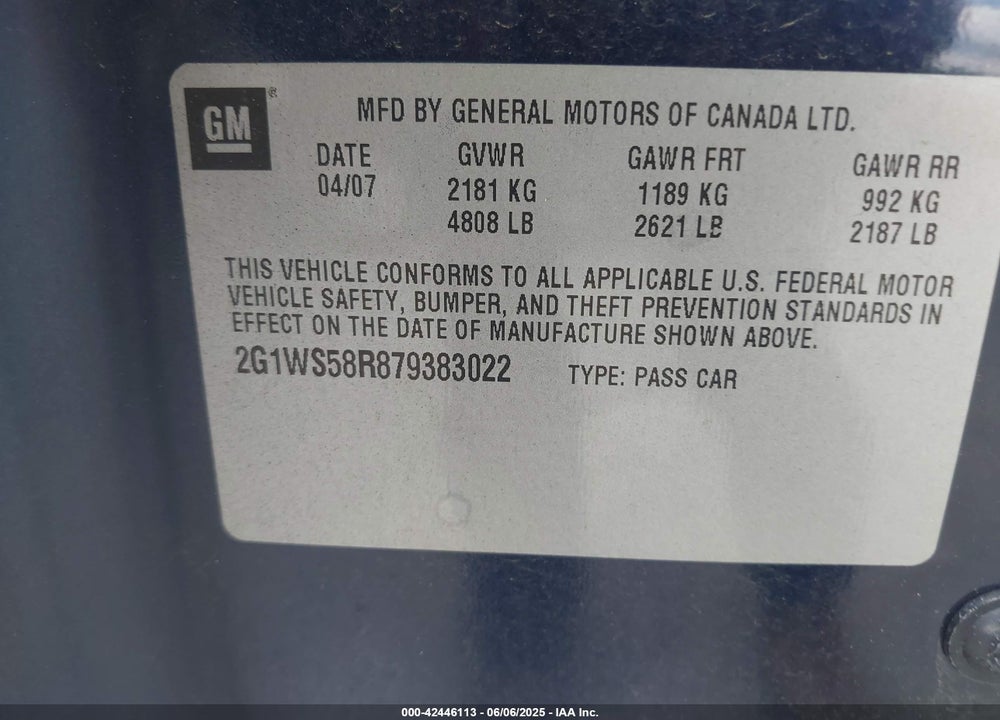 2007 CHEVROLET IMPALA VIN: 2G1WS58R879383022