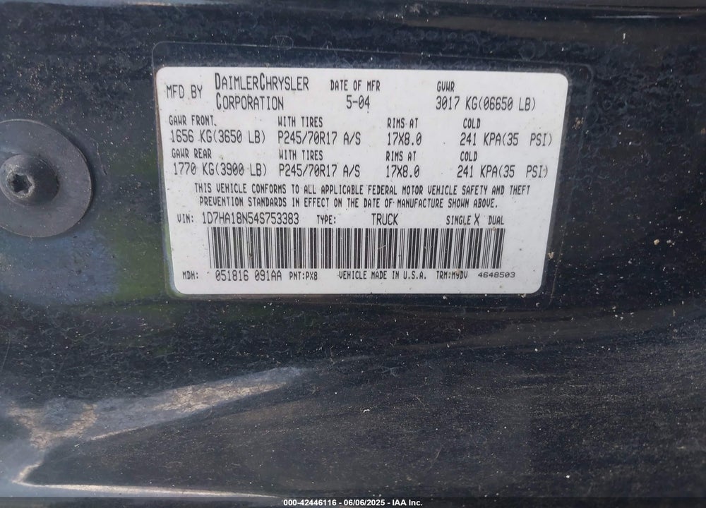2004 DODGE RAM 1500 SLT/LARAMIE VIN: 1D7HA18N54S753383