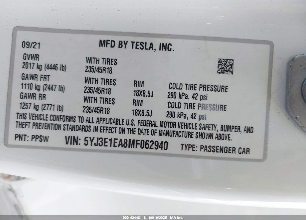 2021 TESLA MODEL 3 VIN: 5YJ3E1EA8MF062940