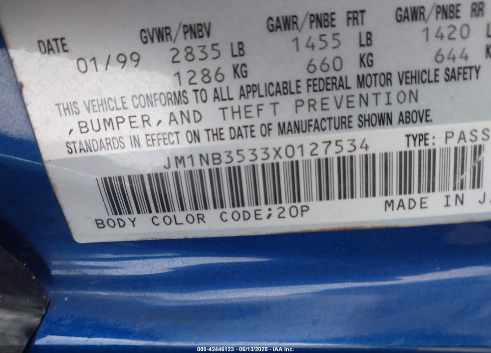 1999 MAZDA MX-5 MIATA LEATHER PKG/POPULAR EQUIPMENT PKG/SPORTS PKG/TOURING PKG VIN: JM1NB3533X0127534