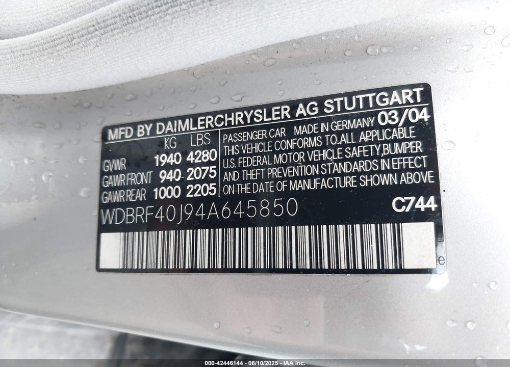 2004 MERCEDES-BENZ C 230 KOMPRESSOR SPORT/SPORT VIN: WDBRF40J94A645850