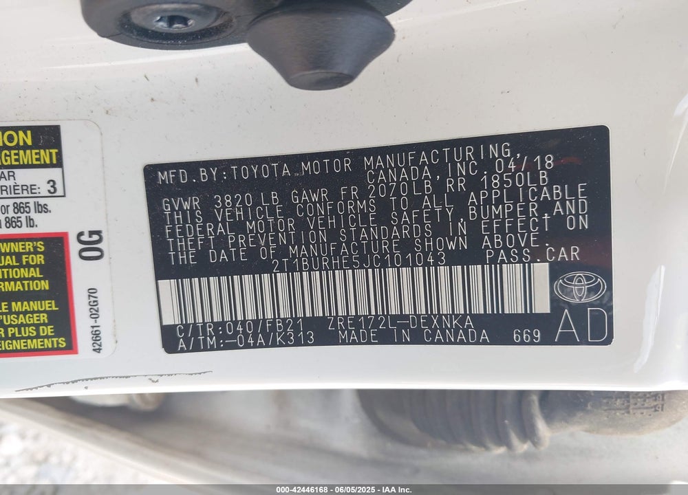 2018 TOYOTA COROLLA VIN: 2T1BURHE5JC101043