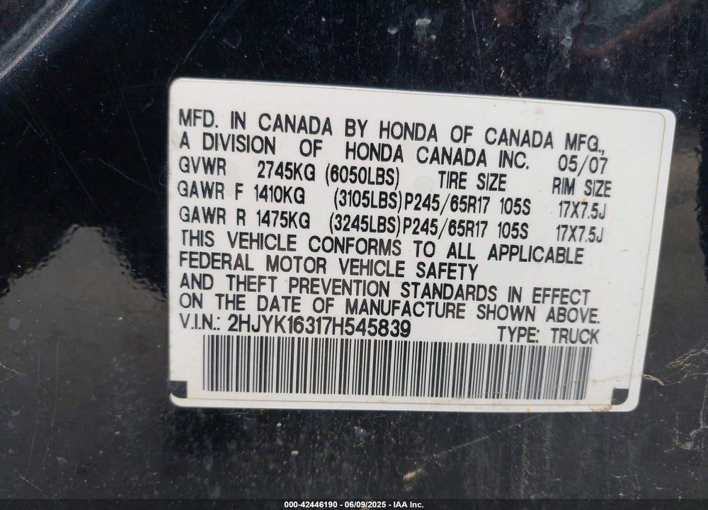 2007 HONDA RIDGELINE RTX VIN: 2HJYK16317H545839