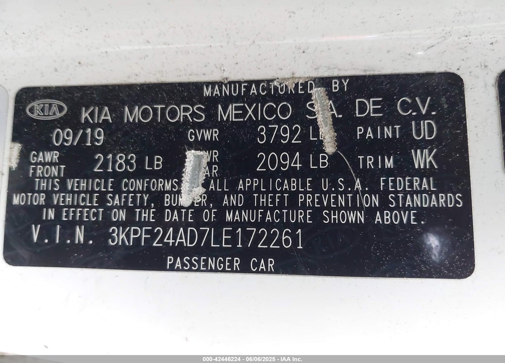 2020 KIA FORTE VIN: 3KPF24AD7LE172261