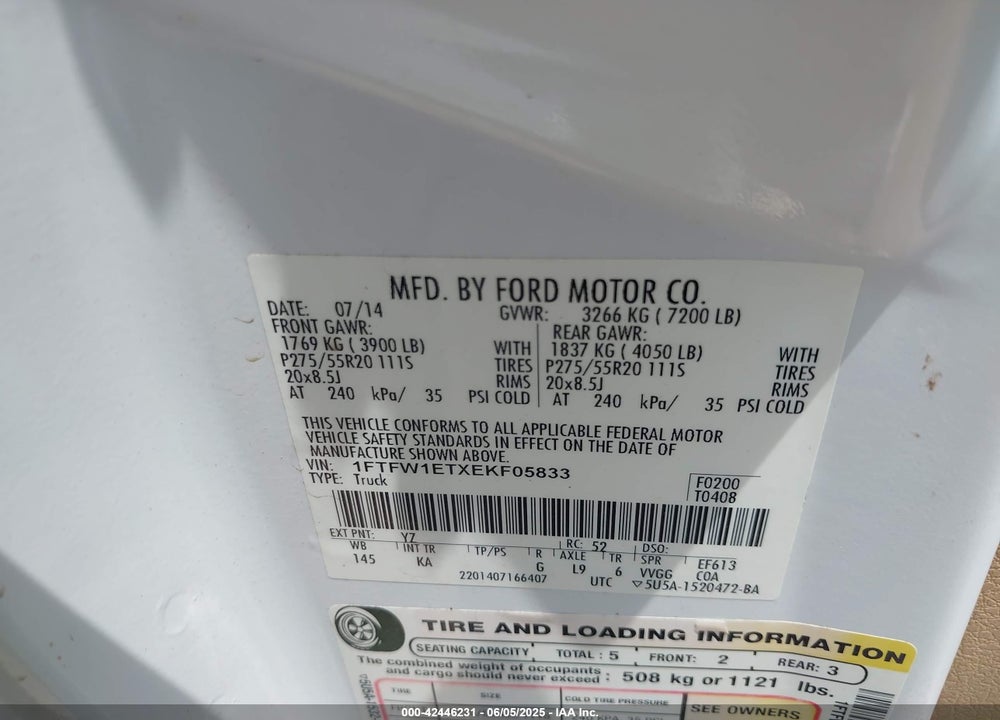 2014 FORD F-150 VIN: 1FTFW1ETXEKF05833