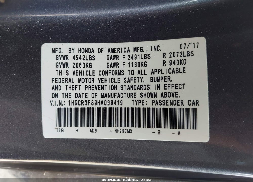 2017 HONDA ACCORD VIN: 1HGCR3F89HA039419