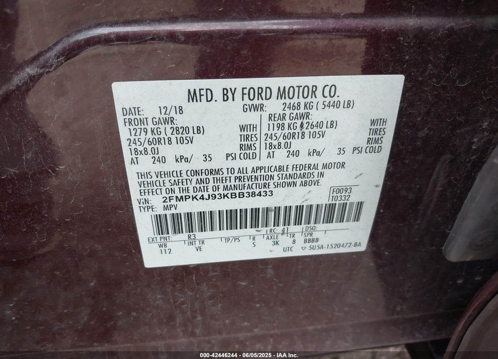 2019 FORD EDGE VIN: 2FMPK4J93KBB38433