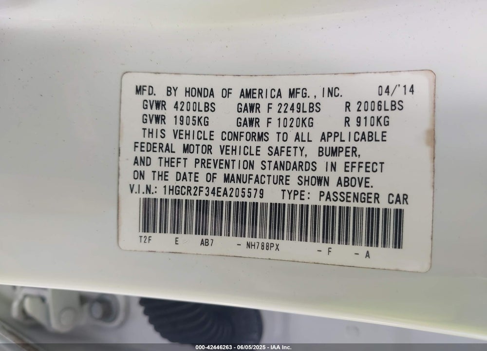 2014 HONDA ACCORD VIN: 1HGCR2F34EA205579