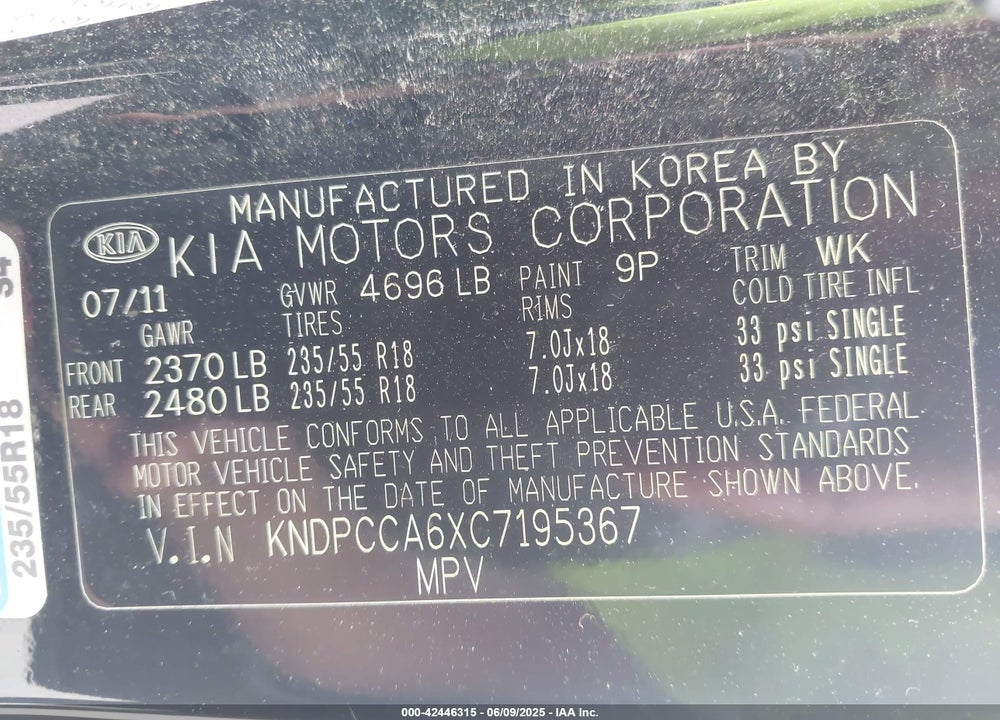 2012 KIA SPORTAGE VIN: KNDPCCA6XC7195367