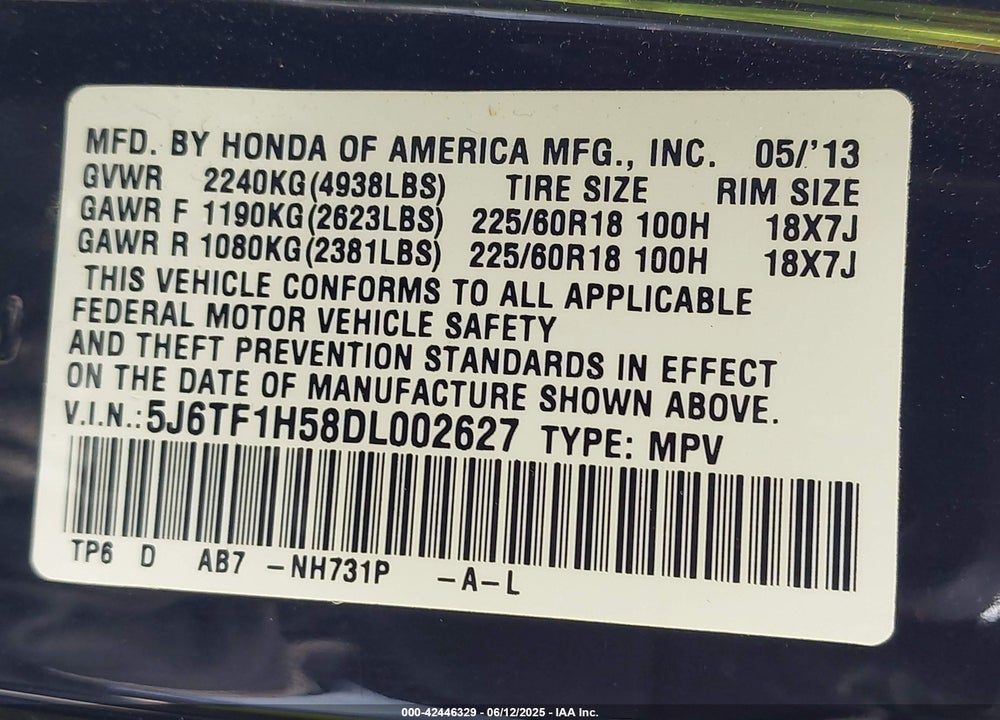 2013 HONDA CROSSTOUR VIN: 5J6TF1H58DL002627