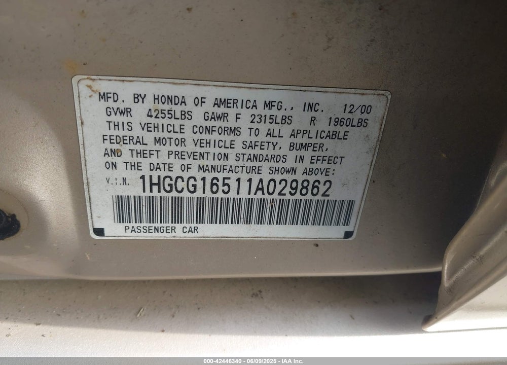 2001 HONDA ACCORD 3.0 EX VIN: 1HGCG16511A029862