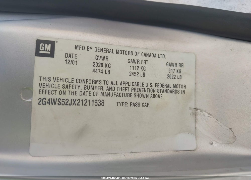 2002 BUICK CENTURY CUSTOM VIN: 2G4WS52JX21211538