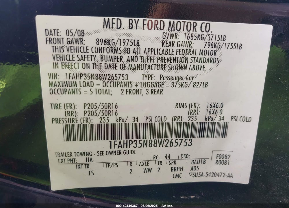 2008 FORD FOCUS SE/SES VIN: 1FAHP35N88W265753