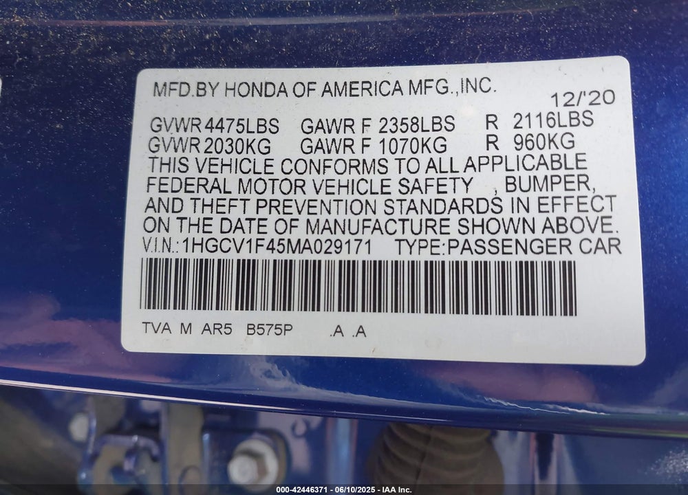 2021 HONDA ACCORD SPORT SPECIAL EDITION VIN: 1HGCV1F45MA029171