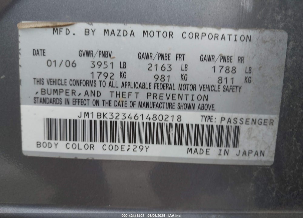 2006 MAZDA 3 VIN: JM1BK323461480218