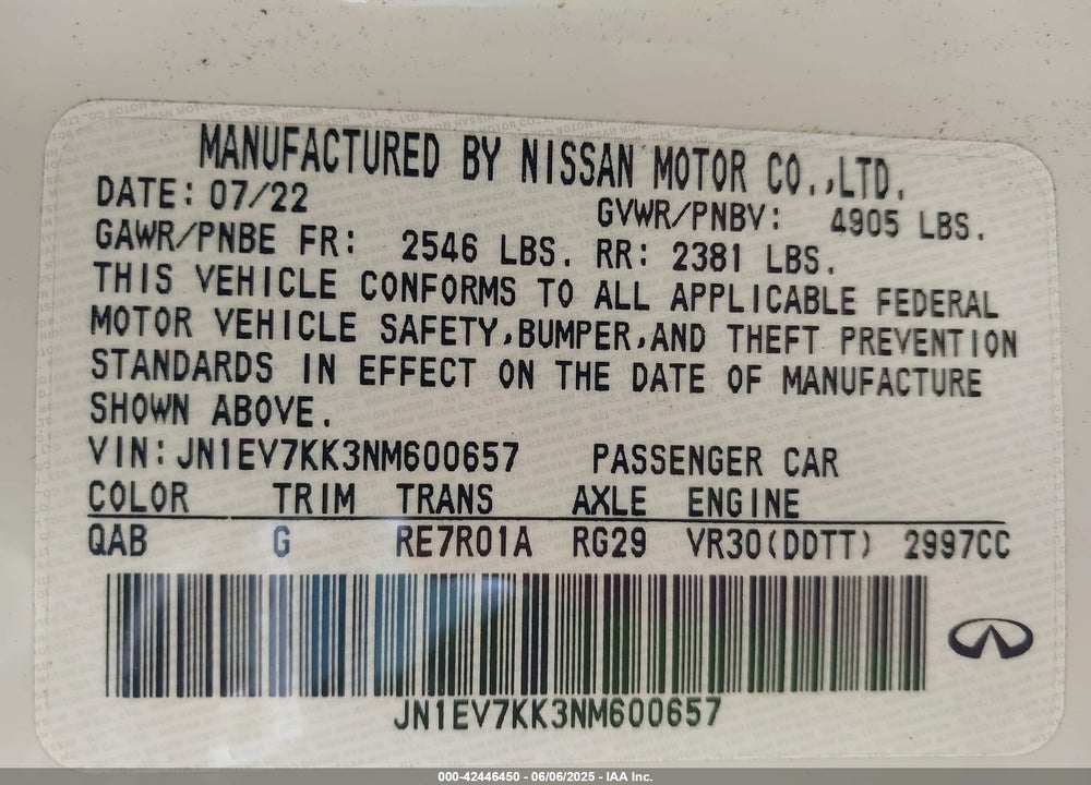 2022 INFINITI Q60 VIN: JN1EV7KK3NM600657